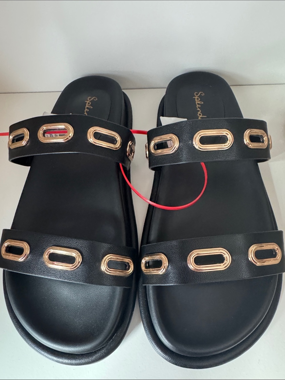 Splendid Black Slides with Gold Oval Eyelet Accents